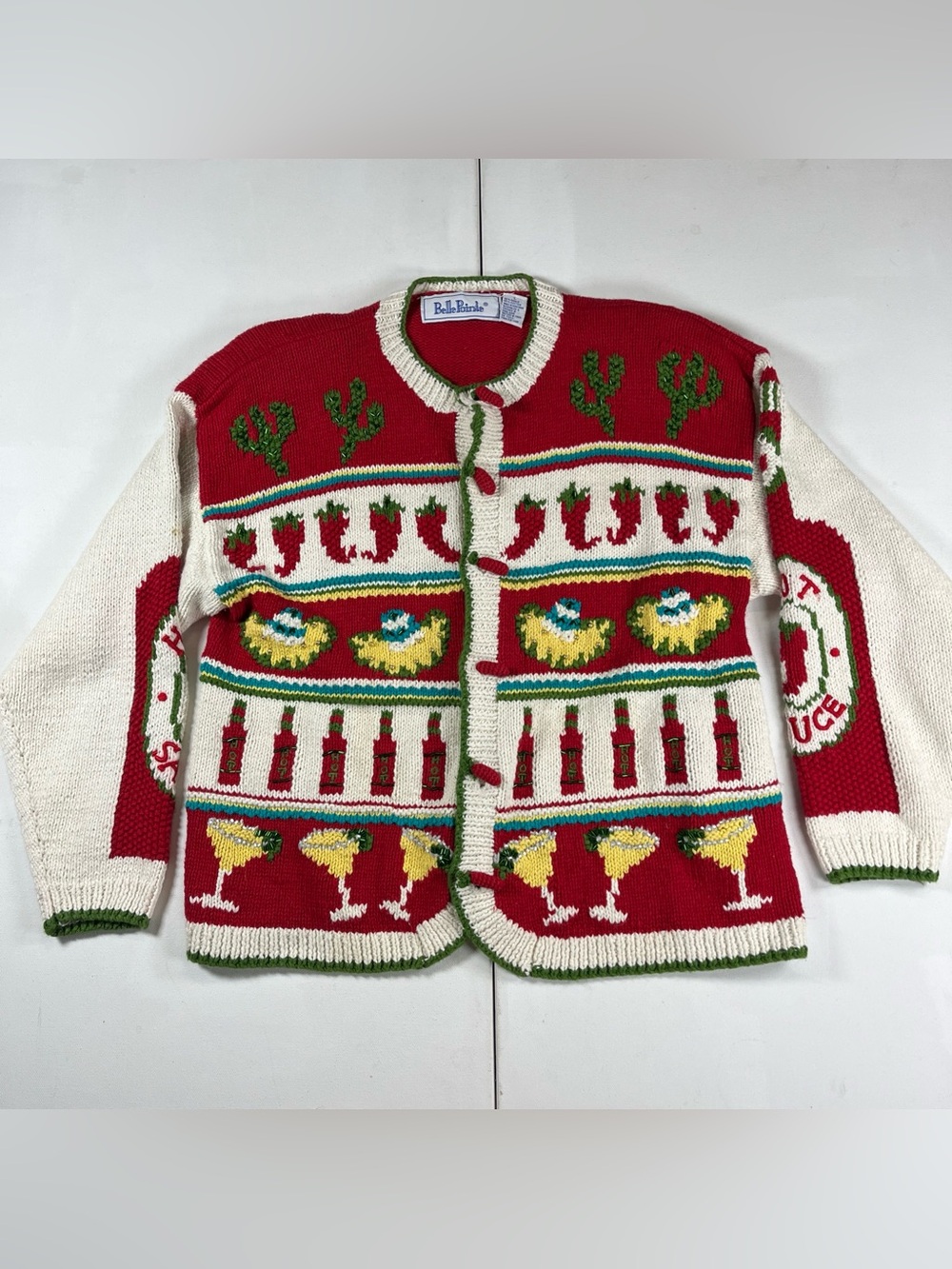 VTG BELLE POINTE Hot Sauce Chili Pepper Cardigan Margarita Fiesta Sweater Sz L